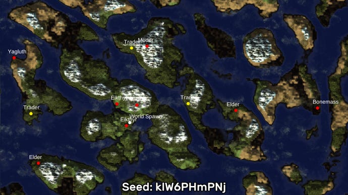 A screenshot of one of the best Valheim seeds we've found, using the Valheim World Generator tool. Seed: klW6PHmPNj